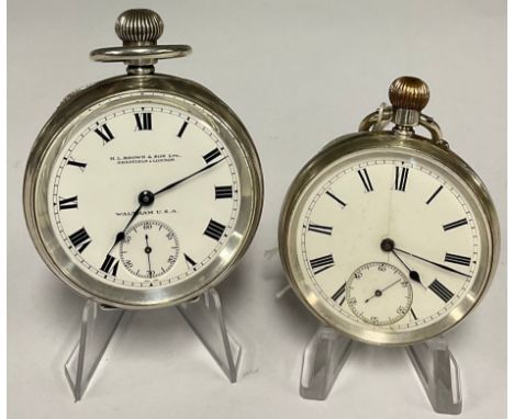 Watches - a George V Waltham silver cased pocket watch, retailed by H L Brown &amp; son, Sheffield &amp; London, white enamel