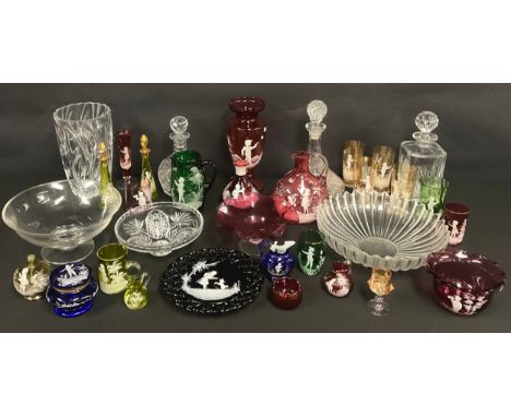 A 19th century Mary Gregory type ruby glass decanter, of ovoid form, applied in enamels with children at play, 18cm high over
