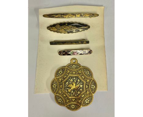 Three Japanese Komai gold inlaid brooches; a medallion; an enamel brooch
