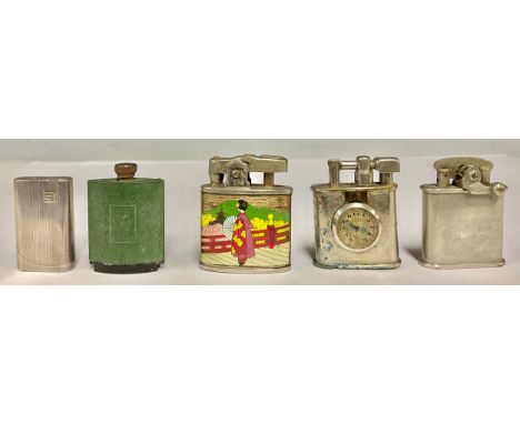 A lighter inset with watch; a Japanese enamel lighter; a Guy Laroche lighter; a Strikealite lighter; another, (5)