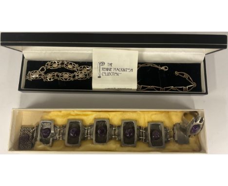 A Brutalist white metal bracelet, set with amethyst pebbles, marked LD, later clasp, 20cm long,  similar ring, in Julius Hamp