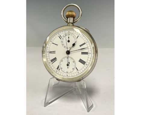 A Swiss 935 silver cased chronograph pocket watch, white enamel dial, bold Roman numerals, two subsidiary registers seconds a