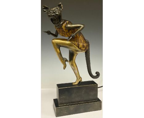An Art Deco style bronze coloured figural table lamp, as a Dancing Girl with Cat Mask and tail, stepped plinth, 40.5cm high