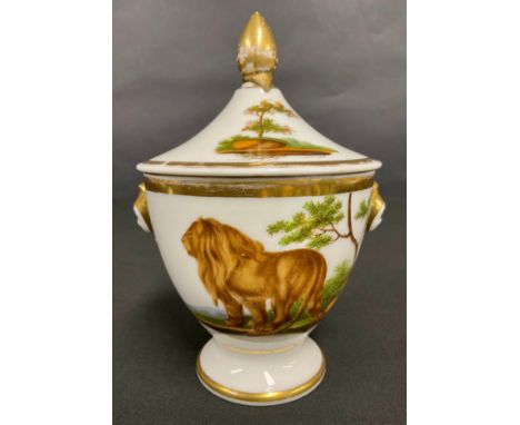 A 19th century French porcelain sucrier, painted with a lion and a leopard, 18.5cm
