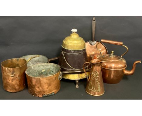 A 19th century brass doofpot or ash bucket and cover, ceramic finial, paw feet, 40cm high overall; an Art Nouveau brass pitch