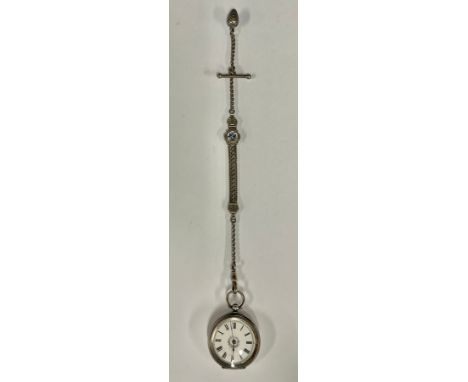 A 935 silver fob watch, on enamel decorated Albertina, the backplate inscribed CAMERER KUSS &amp; Co, the chain 23.5cm long o