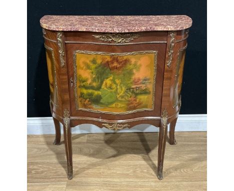 A Louis XV style metal mounted mahogany side cabinet, marble top above a door printed in the vernis Martin taste and enclosin