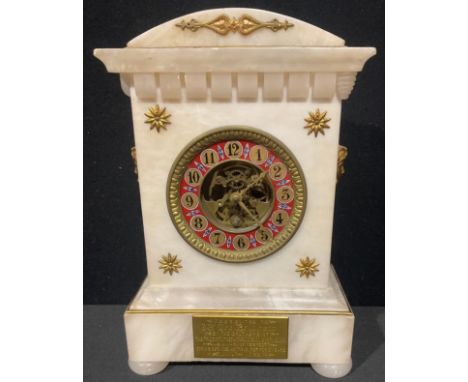 A late 19th century gilt metal mounted alabaster mantel clock, Arabic numerals on 9.5cm cellular chapter ring, exposed moveme