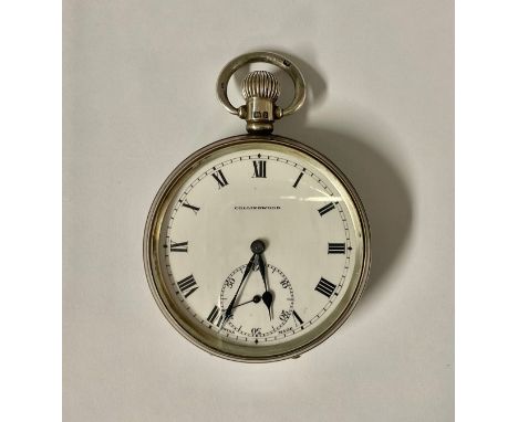 A George V silver cased open face pocket watch, Roman numerals on enamel Collingwood dial, 4cm diameter, subsidiary seconds d