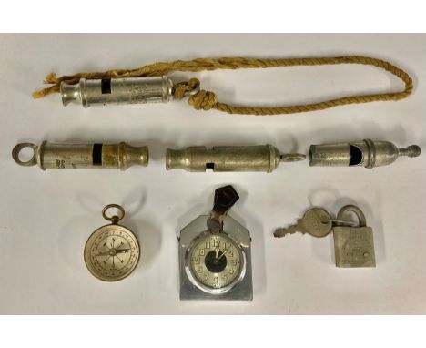 Boxes and Objects - The EMCA city Whistle, The ACME whistle, two others; a  GEM Corbin Cabinet Lock Co padlock, a Victorian c