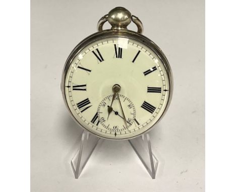 A George III silver cased pocket watch, Simmons, London, creamy grey white enamel dial, bold Roman numerals, subsidiary secon