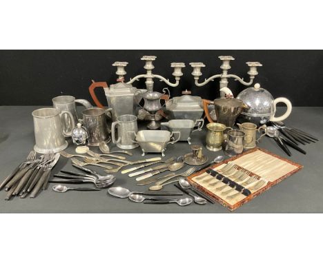 An Art Deco Cooper Brothers Sheffield Don Pewter four piece tea set;  pair of two branch candelabra,  tankards, silver plated
