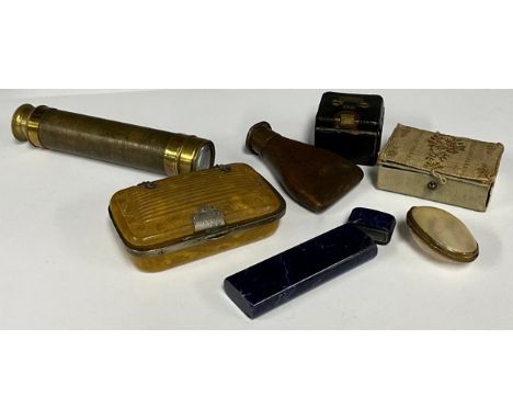 Boxes &amp; Objects- a 19th century mother of pearl oval pillbox, 4.5cm x 3cm; other items including a 19th century yellow mo