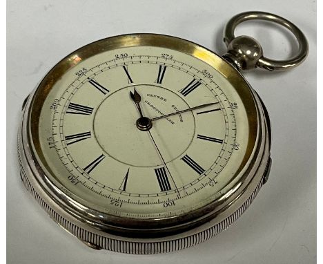 A Victorian goliath centre seconds chronograph pocket watch, 60mm diameter silver case, cream dial, Arabic and Roman numerals