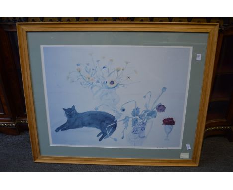 Elizabeth Blackadder, a colour print depicting a cat by vases of flowers, signed to the margin.
