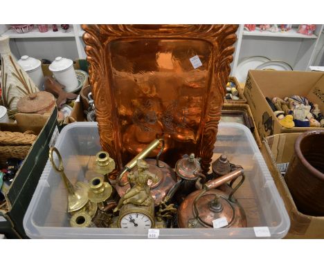 A quantity of copper and brass ware together with an ormolu mantle clock (movement replaced).