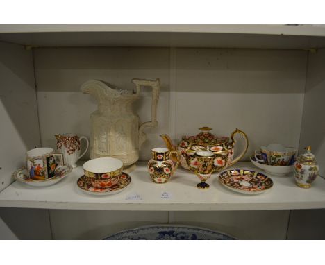 Decorative china to include a Derby teapot, a relief moulded jug etc.