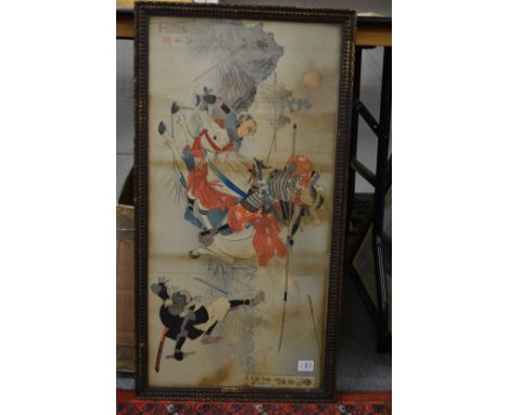 A Japanese Meiji woodblock triptych print depicting warriors, framed and glazed.
