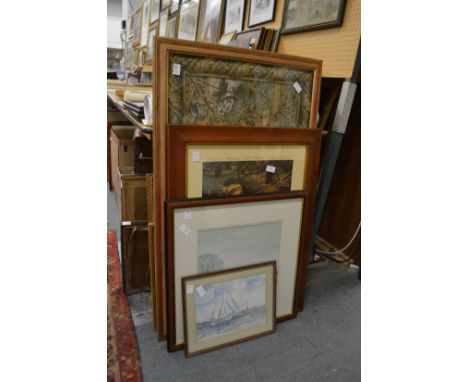 Two watercolours, three prints and a tapestry picture.