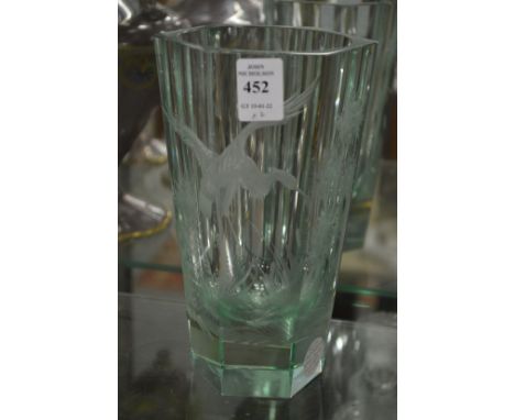 A good Moser alexandrite hexagonal shaped vase deeply engraved with a bird and flowers together with a similar clear glass pe