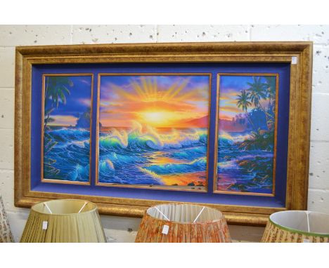 Christian Riese Lassen, a triptych print depicting a colourful ocean, sunset and waves, signed.