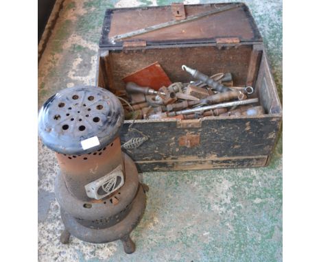 A pine toolbox containing a quantity of hand tools, wrenches, screwdrivers, etc.; an oil heater