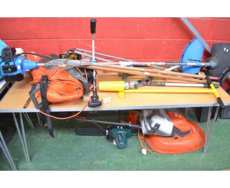 Gardening - a Flymo lawn mower; an electric chain saw; an electric leaf blower; a petrol strimmer; shears; rake; spades; tool