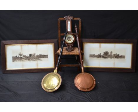 Two Victorian warming pans; a small Victorian oak barometer; two prints, in oak frames; an oak side chair