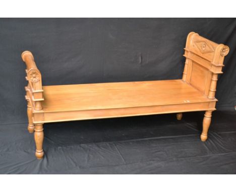 A scroll arm hardwood bench, 157cm wide