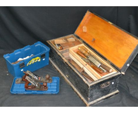 Tools - moulding planes, chisels, etc., in wooden tool box; other in tool box