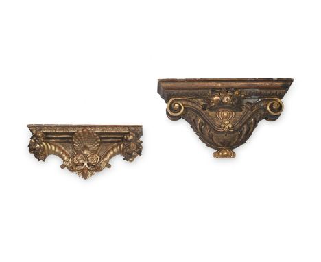TWO ITALIAN CARVED GILTWOOD WALL BRACKETS 19TH CENTURY, IN THE 15TH CENTURY STYLE 30cm high, 56.5cm wide, 14cm and 20cm high,