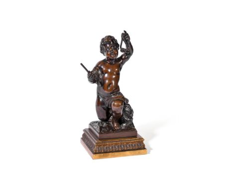 A FRENCH BRONZE FIGURE OF A PUTTO PLAYING THE TRIANGLE  18TH CENTURY  Now set on an ormolu base  32.5cm high, base 14.8cm wid