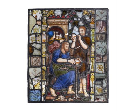 A LATE VICTORIAN STAINED GLASS PANEL DEPICTING THE INTERIOR OF A CERAMIC WORKSHOP  IN THE MANNER OF HENRY HOLIDAY (1839-1927)