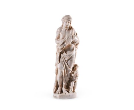 A GERMAN ALABASTER ALLEGORICAL FIGURE OF WINTER AS AN OLD MAN  17TH CENTURY  Depicted standing- partially wrapped in cloak, s