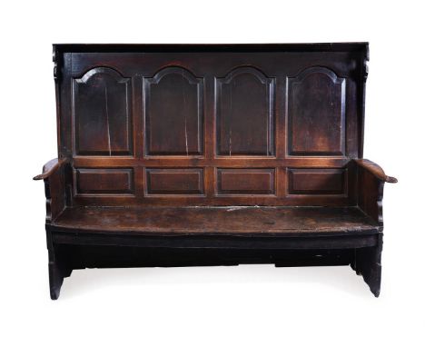 AN OAK AND BURR OAK SETTLE  18TH CENTURY 138cm high, 186cm wide, 57cm deep  Condition Report:  Old marks, scratches and abras