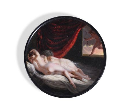 A PAPIER MACHE SNUFF BOX OF SAPPHIC LOVE BY SAMUEL RAVEN (c.1775 - 1847)  19TH CENTURY  Signed below the figures in the bed "