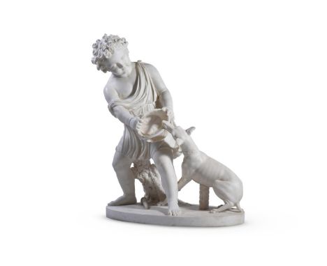 JOSEPH GOTT (1785-1860) A WHITE MARBLE GROUP OF A BOY WITH A BASKET PLAYING WITH A GREYHOUND  ROME, BEFORE 1841  Signed "J. G