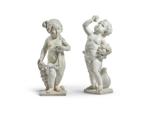 A PAIR OF FLEMISH WHITE MARBLE FIGURES ALLEGORICAL OF SPRING AND AUTUMN  18TH CENTURY  He carrying grapes, a wine flask by hi