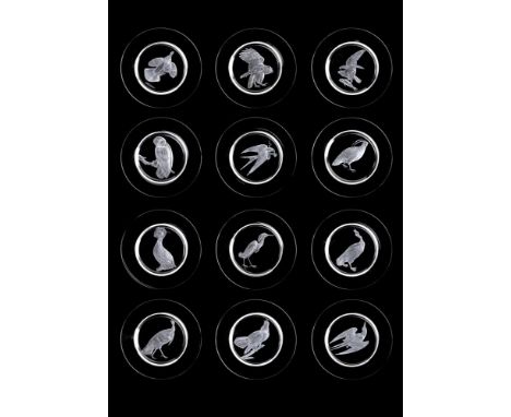 STEUBEN GLASS WORKS- A SET OF TWELVE ORNITHOLOGICAL PLATES FROM THE AUDUBON SERIES  DESIGNED BY SIDNEY WAUGH (1904-1963), C. 