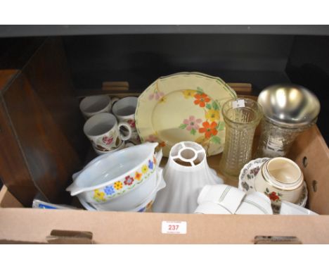 An assorted collection of items including two small vintage Pyrex dishes having floral decoration, two Royal Falcon Ware dinn