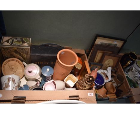 Two cartons of assorted items including a terracotta Vin Kylare, a Poole Pottery planter and small selection of tableware, a 