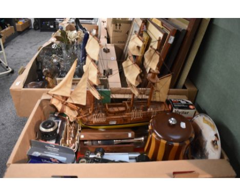A miscellaneous selection of items including a wooden tall ships model and smaller sailing boat, three boxed diecast model ca