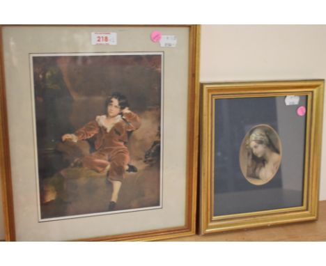 After Sir Thomas Lawrence (British) coloured print, The Red Boy, framed and glazed, 29cm x 34cm, sold alongside a plaque port