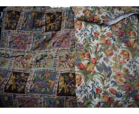 Textiles - a large pair of Sanderson linen curtains, Salad Days, c.1930/40's; another pair, similar, tapestry design with Woo