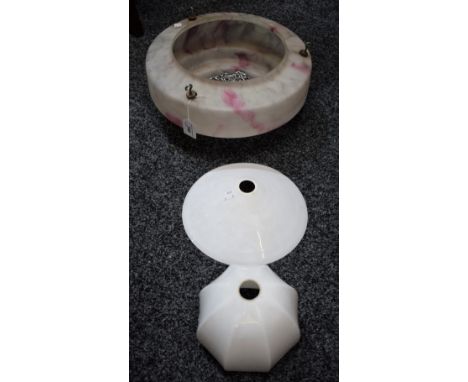 A retro pink and white marbelised glass light shade and suspension chains; others, white (3)