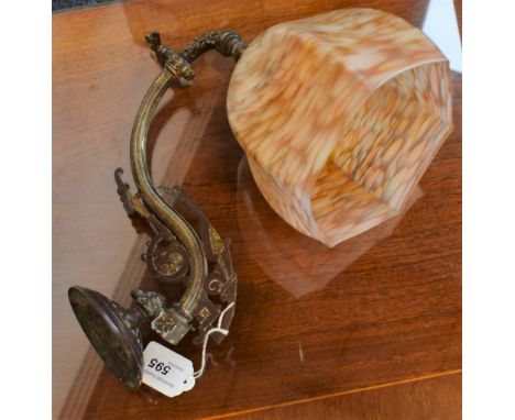 A 19th century brass swan neck wall lamp bracket, with mottled glass shade