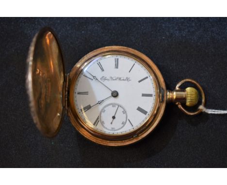 An Elgin gold plated hunter cased pocket watch, white enamel dial, Roman numerals, subsidiary seconds, button wind movement