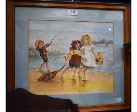 English School (20th century) Driftwood, children playing on the beachwatercolour, 29.5cm x 34cm 