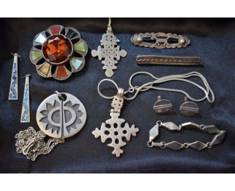 Jewellery - a cast metal pendant, R Tennesmed, Sweden; another, as an ornate cross; a similar Celtic pendant; other, brooches