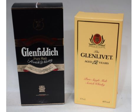 A Bottle of Glenlivet, aged 12 years, single malt scotch whisky, 37.5cl, boxed; another Glenfiddich, boxed (2)